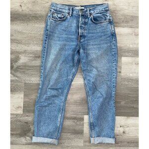 GRLFRND Karolina 100% Cotton Boyfriend Jeans Button Fly Blue Raw Hem $248 Sz 26